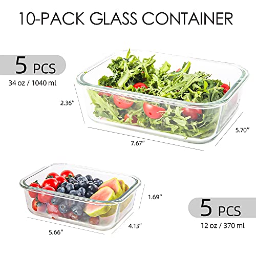 Yaryoung 10 Pack Glass Storage Containers For Food, Airtight Meal Prep Containers With Lids Leak-Proof, Glass Lunch Boxes Microwave, Freezer & Dishwasher Safe (34Oz & 12Oz) #TOP2