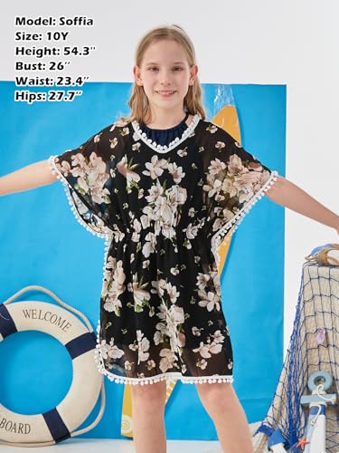 GORLYA Girls Casual Tassel Swimwear Cover Ups Bathing Chiffon Coverups Beach Swimsuit Wraps with Pom Pom Trim4