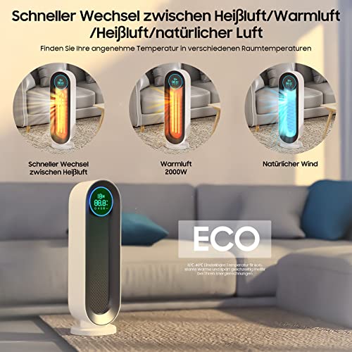 Iceagle Verwarmingsventilator, energiebesparend, stil, elektrische verwarming, 2000 watt, met afstandsbediening, PTC-keramische ventilatorkachel met 3 warmtestanden, 110 graden oscillatie, oververhittings- en kantelbeveiliging, 1-12 uur timer - Afbeelding 5