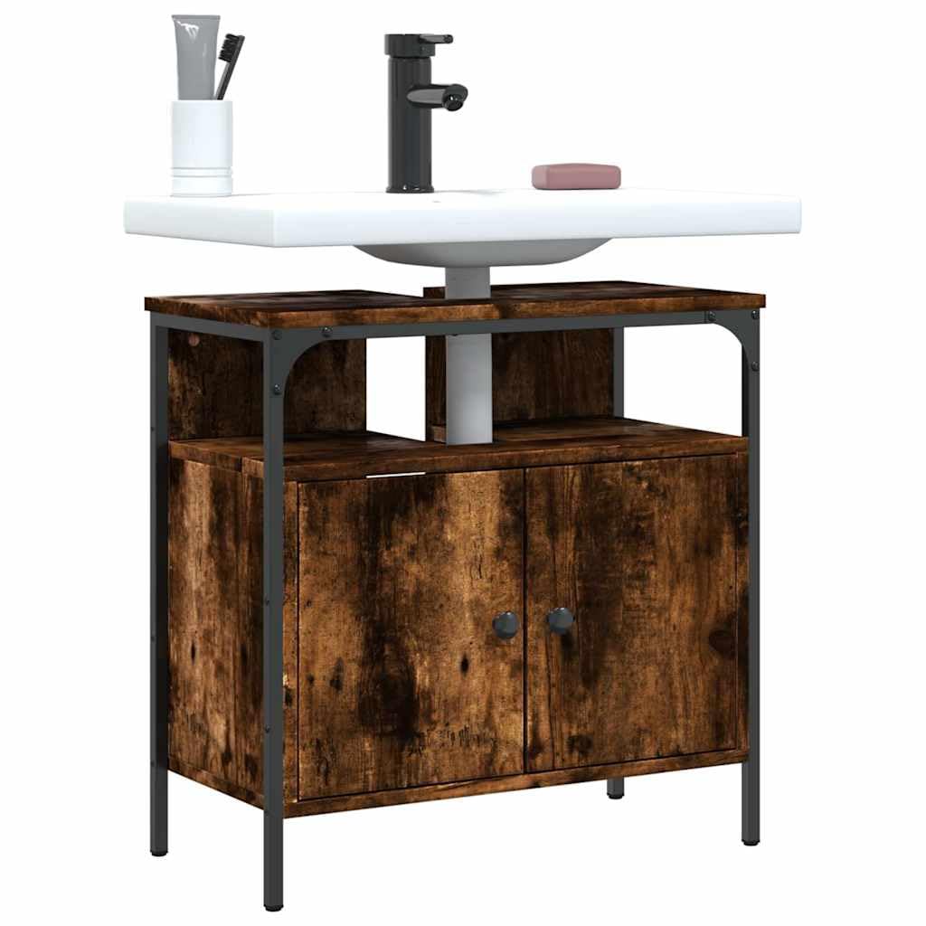 Mobile sottolavabo in legno di rovere affumicato, 60 x 30 x 60 cm, con vano portaoggetti, cassetto e porta, mobile da bagno per bagno, WC degli ospiti, montaggio a parete, salvaspazio e