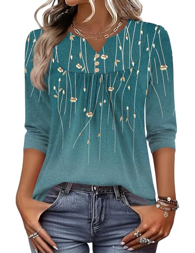 LOMON 3/4 Length Sleeve Womens Tops Dressy Casual Henley V Neck Blouses