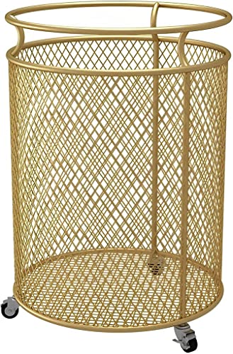 Laundry Basket Rolling Laundry Basket with Wheels, Heavy Duty Laundry Hamper Storage Cart, Round Metal Wire Mesh Bin Dirty Clothes Storage Hamper for Bathroom or Kids Bedroom, White (Gold)
