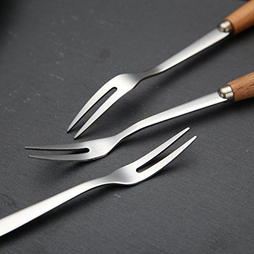 6 Pcs Wooden Handle Stainless Steel Two Prong Forks Fruit Cake Appetizer Forks #TOP2