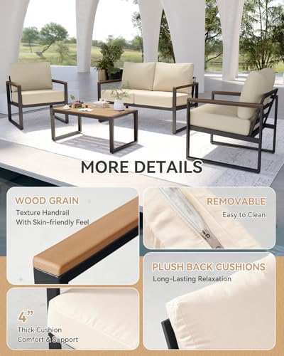 Image of Aoxun Patio Furniture Set, 4 Piece Outdoor Patio Furniture with Thick Cushions, Modern Metal Outdoor Conversation Sets with Coffee Table for Porch, Balcony, Deck Beige