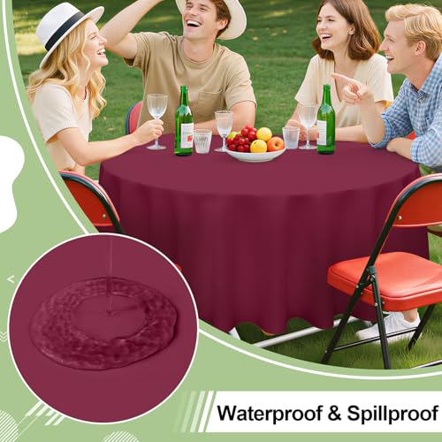 Image of misaya 8 Packs Disposable Plastic Table Cloth, 84 inch Round Waterproof Tablecloth, Leakproof & Sturdy Decorative Table Covers for Picnic, Party, Outdoor and Back to School, Wine Red