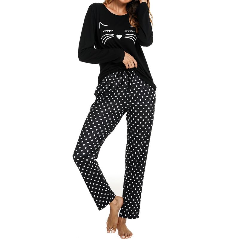 TeJoyce Damen Schlafanzug Lang Winter Baumwolle, Zweiteiliger Pyjama Frauen, Set Langarm Oberteile mit Katzen und Polka Dot Hose mit Taschen, Leicht...