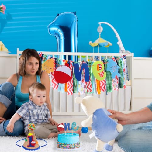 Image of Ofishally One Highchair Banner for First Birthday Party Decorations | Gone Fishing High Chair Fabric Banner for Boys Ofishally High Chair Tassel Banner for 1st Birthday Backdrop Decorations