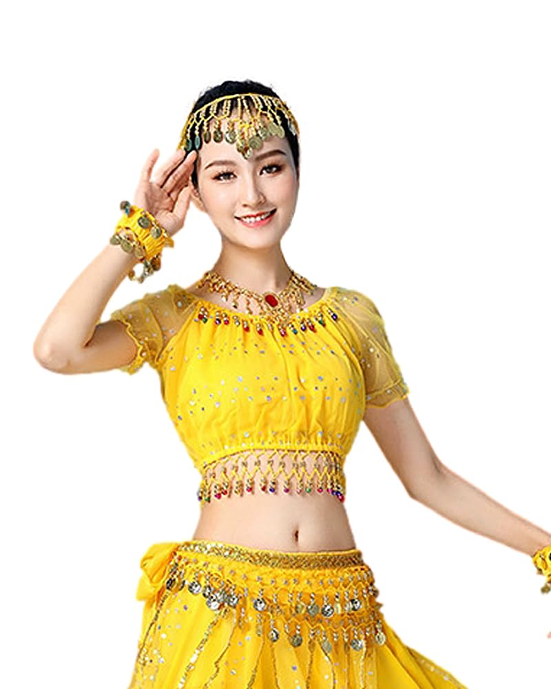 Bollywood Indian Womens Arabian lace Ribbon Belly Dance 3-Piece Dress Girl Costume (top/Skirt/Belt Scarf) (Yellow, M) - Image 2