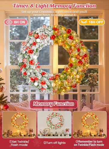 Image of Minetom 48-inch Large Christmas Wreath with Timer and Memory Function, Featuring 200 Warm White LED Lights, Christmas Balls, Pine Needles, for Doors, Walls and Mantels, Plug-in, Red&White