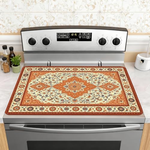 Image of Fall Boho Floral Stove Top Cover for Electric Stove 28 inch x 20 inch, Rubber Glass Cooktop Protector, Autumn Countertop Cover Mat, Dish Drying Mat, Thanksgiving Farmhouse Kitchen Decor Accessories