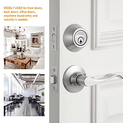 Neutype 1 Pack Satin Nickel Front Door Lock Set Front Door Handle Sets With Single Cylinder Deadbolt And Wave-Like Passage Lever, Compatible With Right & Left Handed Doors, For Home, Office Or Hotels #TOP5