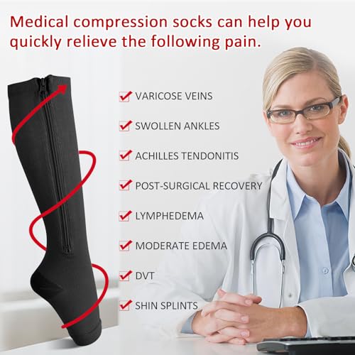 Image of Ailaka 3 Pairs Compression Socks with Zipper, 15-20 mmHg Medical Knee High Compression Socks for Men Women, Open Toe Socks for Varicose Veins, Edema, Recovery(Black,SM)