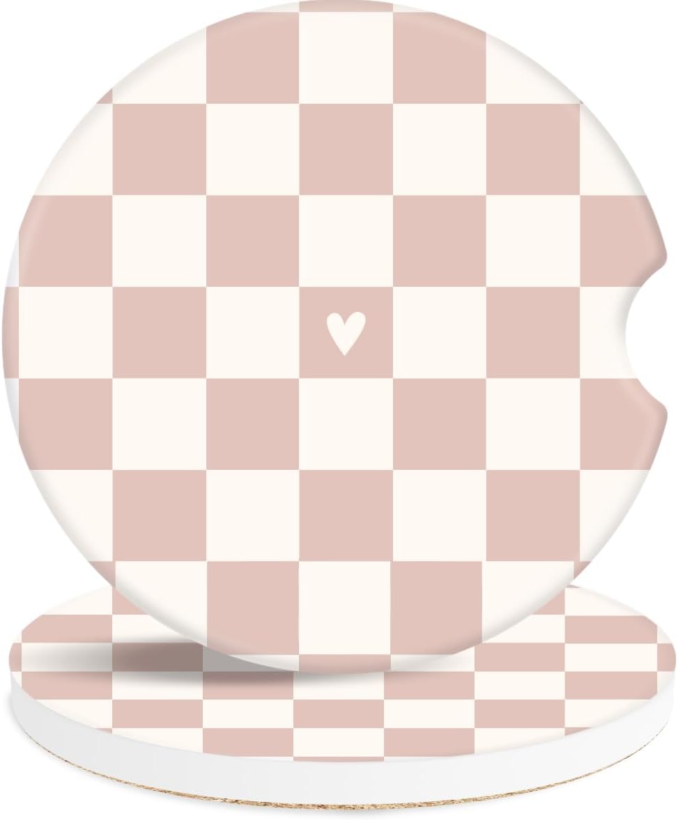 Ceramic Car Coasters 2 Pack, Absorbent Drink Coasters for Cup Holders with Cork Base, Non-Slip Cute Car Accessories for Women (Pink Checkered)