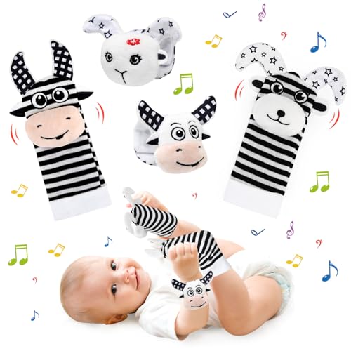 Ballery Giochi Neonato Sonagli Sensoriali per Bambini, 4 Pezzi Baby Rattles Giocattolo da polso Calzini Sonaglio 0-12 mesi, Bianco e Nero Baby Rattle Neonato Giochi Neonato Montessori