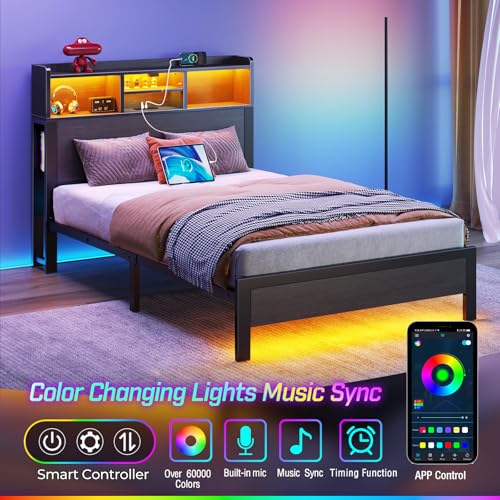 Image of Rolanstar Twin Bed Frame with Storage Headboard & Side Shelf, Metal Platform Bed with Charging Station, LED Single Bed, No Box Spring Needed, Easy Assembly, Black