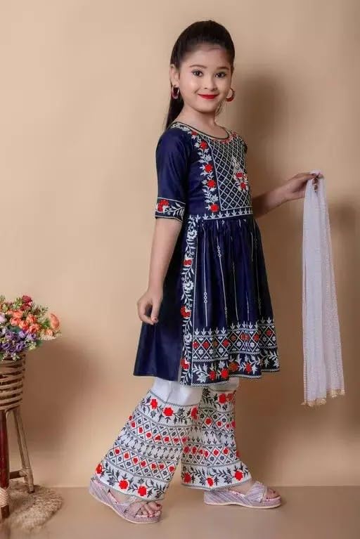 Image of Girls Traditional Embroidered Kurta Palazzo Set, Green and White, Floral Design, Half Sleeves