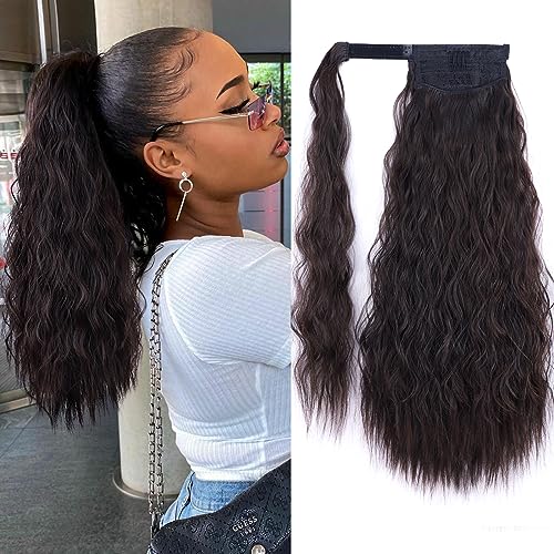 Stamped Glorious Long Corn Wave Ponytail Extension Magic Paste Heat Resistant Wavy Synthetic Wrap Around Ponytail Black Hairpiece for Women (18 Inch, Black Mixed Auburn Red)