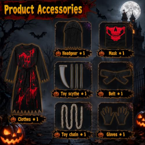 QIMYGIFT Scary Bloody Grim Reaper Ghost Costume for Boys, Kids Halloween Costume Outfit Set with Skull Face Mask, Scythe, and Plastic Chains, Toddler Horror Theme Party Dress Up Trick or Treat Gifts by QIMYGIFT - Used condition - Image 2