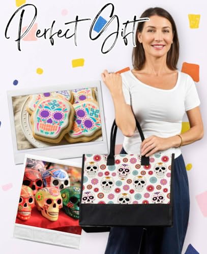 Image of InnoBeta Sugar Skull Gifts Canvas Tote Bag with Top Zipper Closure and Shoulder Strap for Birthday, Mother's Day, Christmas