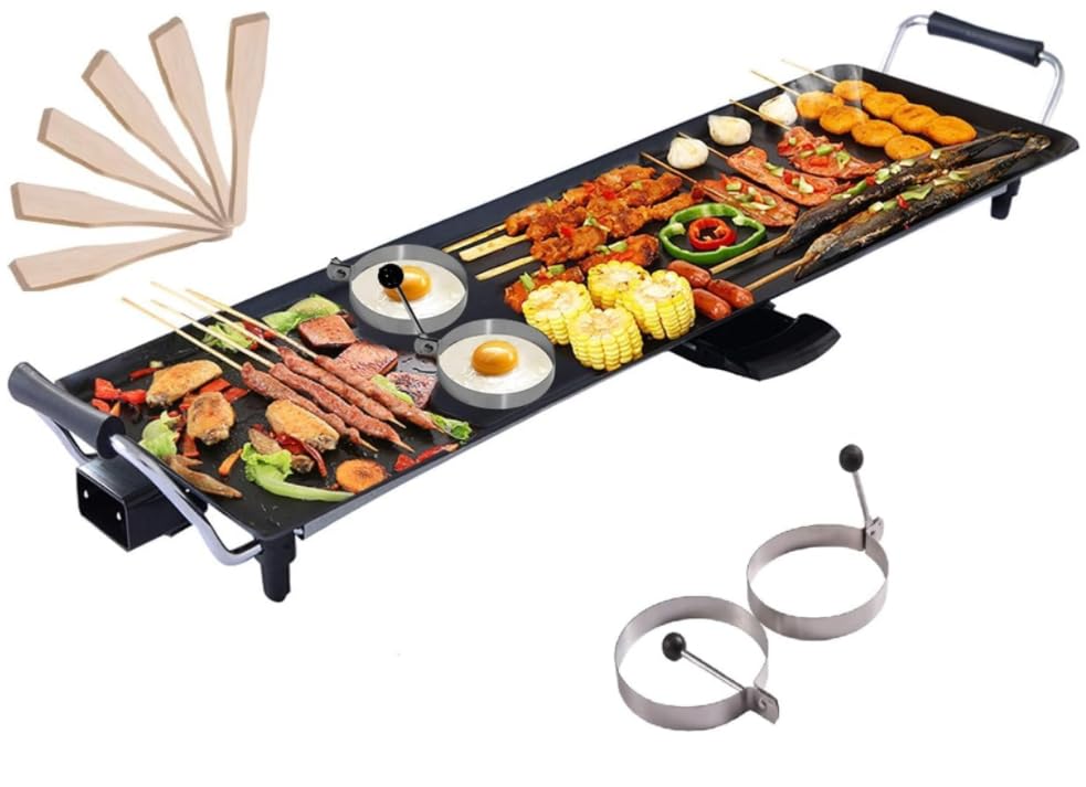 COSTWAY Electric Teppanyaki Table Grill, BBQ Griddle | Non-stick Barbecue Hot Plate with Wooden Spatulas and 2 Egg Rings (XXL, 90 x 23CM)