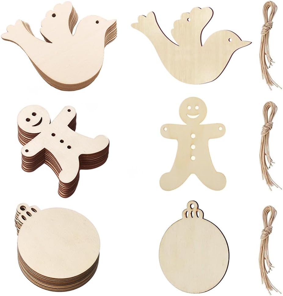 Sctmda Deco Christmas Wood 70 Pieces Wooden Craft Christmas Tree Hanging Ornament Christmas Decorations Wooden Hanging Decoration Christmas Wood Chip Tree Ornaments Christmas Wooden Pendants