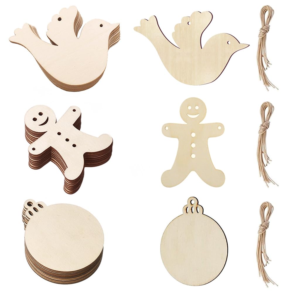 Sctmda Deco Christmas Wood 70 Pieces Wooden Craft Christmas Tree Hanging Ornament Christmas Decorations Wooden Hanging Decoration Christmas Wood Chip Tree Ornaments Christmas Wooden Pendants