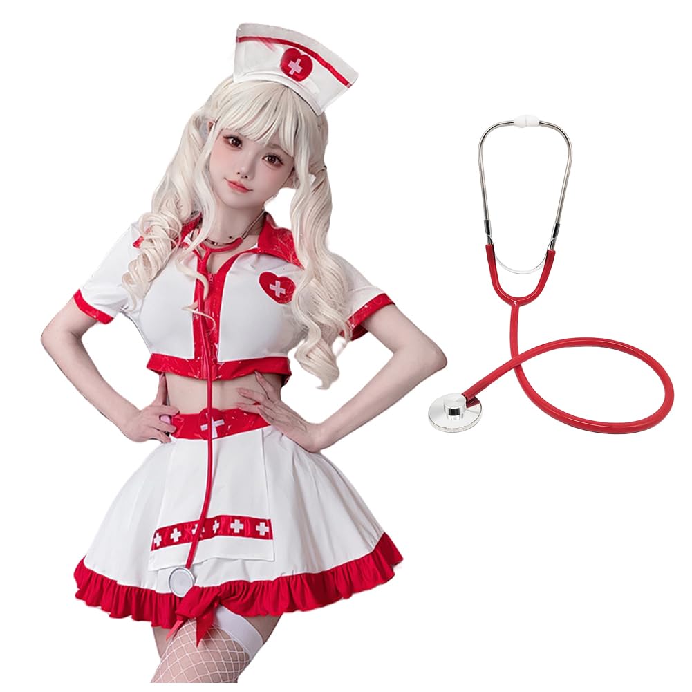 Yolrky Nurse Cosplay 4-Piece Set Halloween Costume Ladies Nurse Doctor Female Doctor Uniform Cute Fashion Stage Costume School Festival - M
