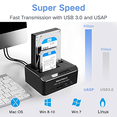 Hard Drive Docking Station Rshtech Usb 3.0 Aluminum Dual Bay Hard Drive Dock For 2.5" & 3.5" Sata Hdd Ssd With Sd Tf Card Reader And Offline Clone/Duplicator Function Support 16Tb Tool-Free #TOP2