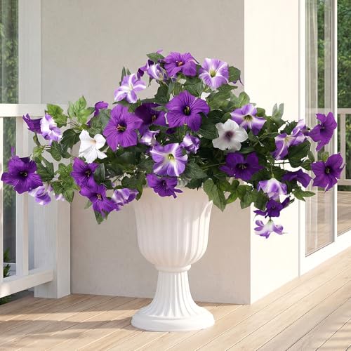 Giegxin 2 Pcs Artificial Petunias Fake Flowers for Outdoor Decoration, Faux Silk Morning Glory UV Resistant for Spring Summer Home Outside Garden Balcony Yard Porch Realistic Indoor Decor (Purple)
