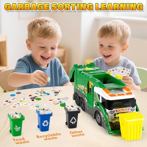 Large Garbage Truck Toy Set for Boys Ages 3 4 5 6 7 8, Kids Trash Truck with Sound, Light, Dumpster, Trash Bins and Learning Cards, Friction Powered Garbage Trucks Christmas Birthday Gifts for Toddler