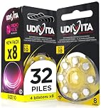 32 Piles Auditives Taille 10 Udivita PR70 (Jaune) avec Technologie Phono Pulse Zinc-Air Hearing Evolution - 4 Blisters de 8 Piles