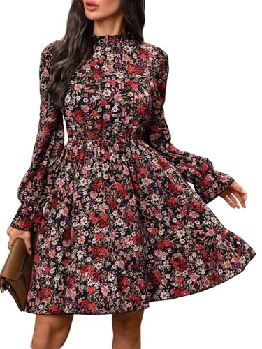 SweatyRocks Damen Kleider Elegant Kleid Langarm Blumen Muster Freizeitkleid Stehkragen Damenkleid Herbstkleid Kurzkleid mit Glockenärmel Rot L