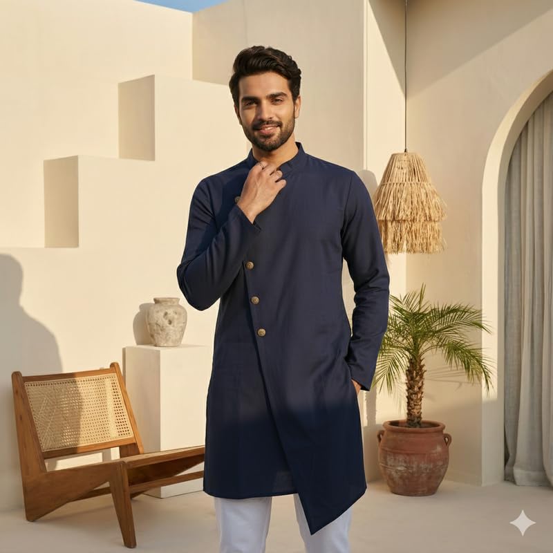 Image of OOMPH! Men's Ethnic Traditional Asymmetric Kurta Polycotton Regular Fit | High Neck Full Sleeves | Traditional Indian Festive Kurta | Stylish Casual and Wedding