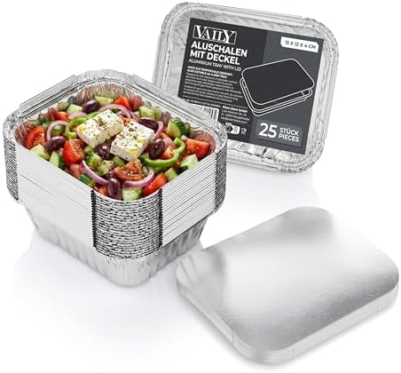 Vaily Aluschalen mit Deckel 420 ml 25er Pack - Alu Grillschale, Auflaufform, Tropfschale für Grill und Backofen zum Backen und Braten 15 x 12 x 4 cm