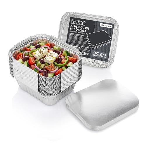 Vaily Aluschalen mit Deckel 420 ml 25er Pack - Alu Grillschale Auflaufform Tropfschale für Grill und Backofen zum Backen und Braten 15 x 12 x 4 cm