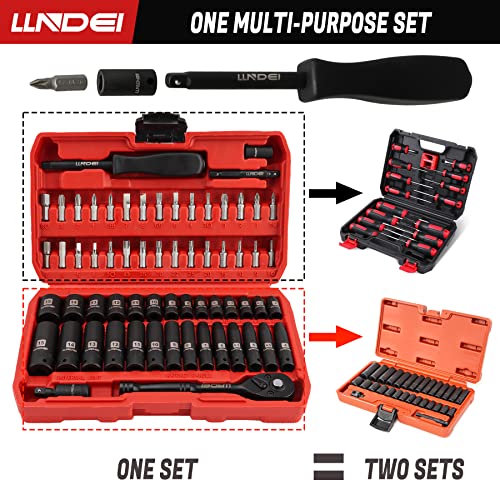 Llndei 1/4" Drive Socket Wrench Set, 1/4-Inch Impact Socket Set Metric(4-15Mm) Deep And Shallow 6 Point, Cr-V, 63Pcs With 72-Tooth Ratchet Wrench Handle For Household&Automotive Repairing #TOP5