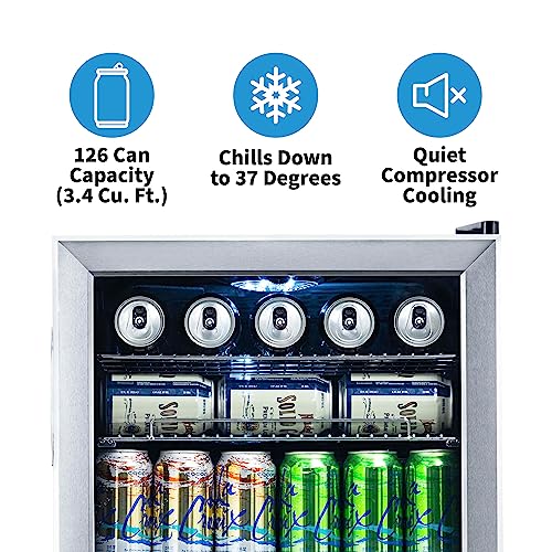 NewAir Beverage Refrigerator Cooler | 126 Cans Free Standing with Right Hinge Glass Door | Mini Fridge Beverage Organizer Perfect For Beer, Wine, Soda, And Cooler Drinks