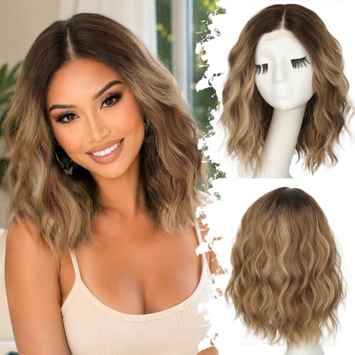 Image of Eawwii Wigs for Women Light Brown Blonde,Short Wavy Synthetic Lace Wig