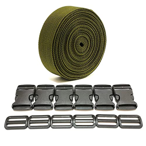Cinta de Mochila 3 Metros x 32 mm + 12 Hebillas de Plástico, Cinta de Nylon con Broches, Correa de Mochila, Cincha para Equipaje, Correa para Maletas, (32mm, Verde 327)