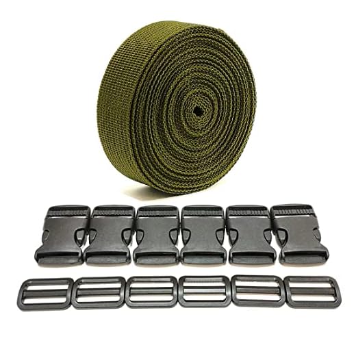 Cinta de Mochila 3 Metros x 32 mm + 12 Hebillas de Plástico, Cinta de Nylon con Broches, Correa de Mochila, Cincha para Equipaje, Correa para Maletas, (32mm, Verde 327)