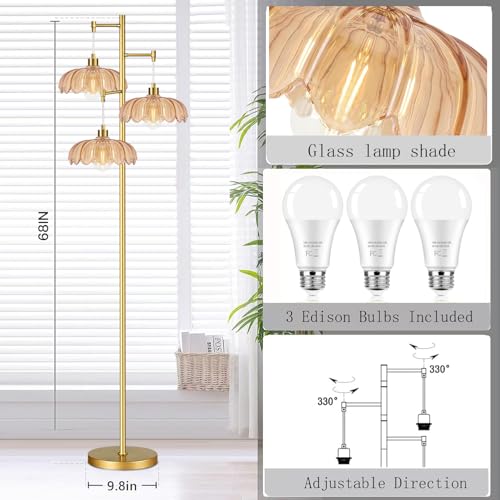 Image of Vintage Floor Lamps for Living Room Bedroom-3 Light Glass Floor Lamp with Three Led Bulb, Flower Tall Floor Lamp Gold Mid Century Modern Standing Lamp Tree Floor Lamps for Living Room Bedroom Corner
