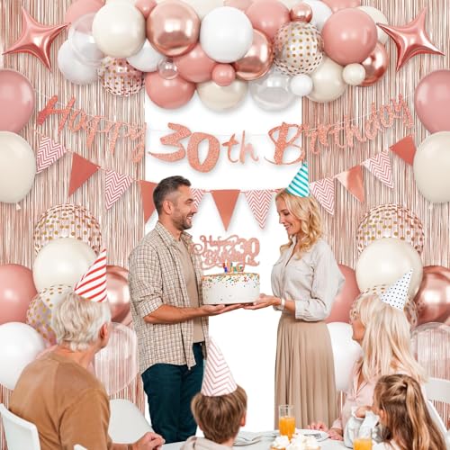 30th Birthday Decorations for Women, Retro Pink Rose Gold 30th Birthday Balloons with Glitter Happy 30th Birthday Banner Number 30 Balloons Fringe Curtain Cake Toppers for Wife Mom 30 Birthday Party by Dagelar - Image 7