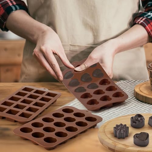 Image of 4 Pcs Silicone Chocolate Molds, Non-Stick Candy Molds for Making Bite Size Chocolates, Candies, Truffles, Gummies, Jelly (Heart, Sunflower, Rose, Square, Swirl Shaped)