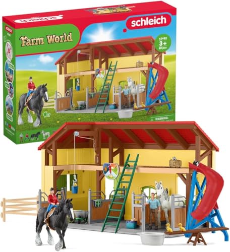 SCHLEICH Farm World | Pferdestall 42485 | Set inkl. Stall, 2 Pferden, 5 weiteren Tieren, 2 Bauer Figuren, Rutsche, Wippe & Zubehör | Geschenkidee für Kids | Bauernhof Spielzeug ab 3 Jahre | 82 Teile
