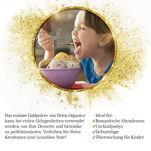 Detox Organica Goldpulver essbar, 10g Lebensmittelfarbe Gold ohne E171 Farbstoff, Goldstaub zum Backen und Dekorieren, Ideal für Torten, Kuchen, Schokolade und Getränke, Essbarer Glitzer