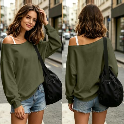 MEIHAOYIT Sweat Femme Streetwear Décontracté Pulls Femme Pullover Manches Longues Sweat-Shirt Chic Sweats Élégant Sweatshirt Couleur Unie Survêtement Automne Vêtements Outerwear Armée Verte XXXL – vue 2