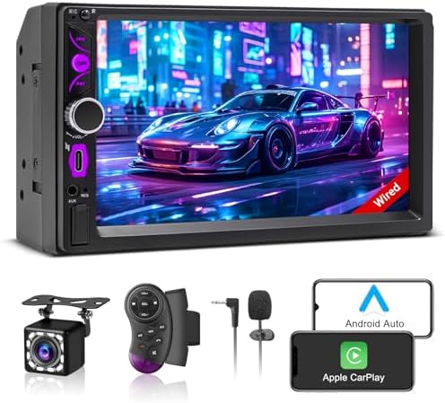 7" Wired Double Din Car Stereo Carplay Radio Screen for Car Audio Receivers, Car Stereo with Backup Camera, Car Play Android Auto Touchscreen, Mirror Link, Bluetooth, SWC, FM, Type-C