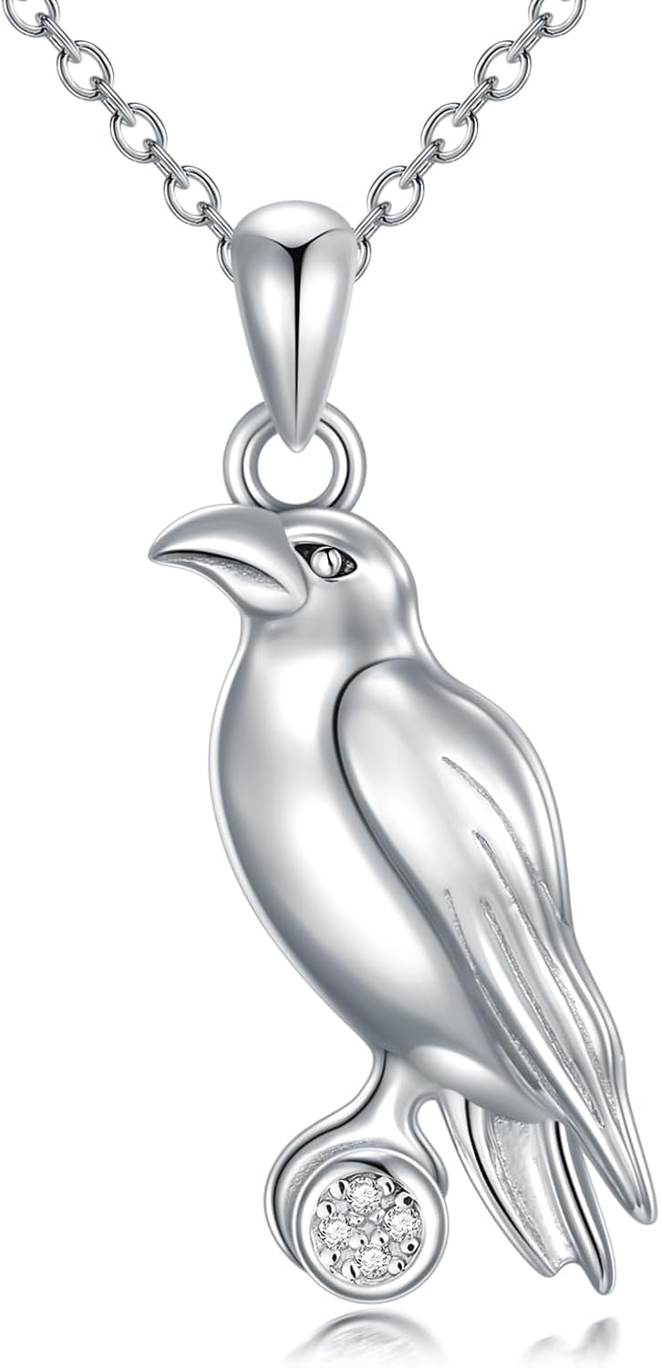 Diamond Crow Necklace S925 Sterling Silver Crow Necklace Silver Crow Pendant Necklace for Women Mother 18+2Inch