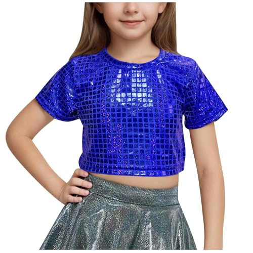 Girls Metallic Shiny Crop Tops Short Sleeve Sparkly Sequin Disco Party Shirts for Dancing, Raves, Festivals