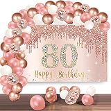 Happy 80th Birthday Banner Backdrop Decorations with Confetti Balloon Garland Arch, Rose Gold 80 Birthday Banner Balloon Set for Women, Pink 80 Year Old Bday Poster Photo Booth Decor